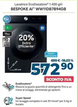 Sinergy SAMSUNG Lavatrice EcoDosatore 1.400 giri BESPOKE AI™ WW11DB7B94GB offerta