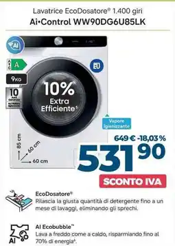 Sinergy SAMSUNG Lavatrice EcoDosatore 1.400 giri Ai Control WW90DG6U85LK offerta