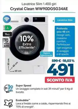 Sinergy SAMSUNG Lavatrice Slim 1.400 giri Crystal Clean WW90DG5G34AE offerta