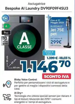Sinergy SAMSUNG Asciugatrice Bespoke Al Laundry DV90F09F4SU3 offerta