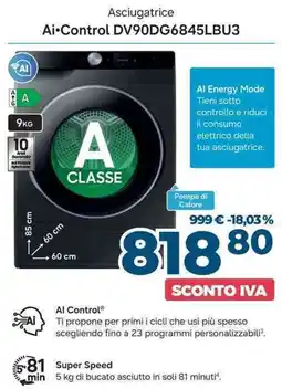 Sinergy SAMSUNG Asciugatrice Ai-Control DV90DG6845LBU3 offerta
