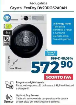 Sinergy SAMSUNG Asciugatrice Crystal EcoDry DV90DG52A0AH offerta