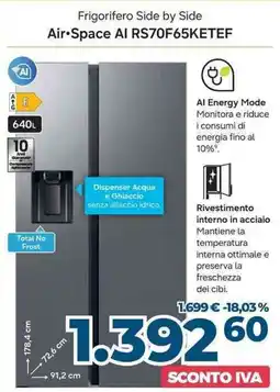Sinergy SAMSUNG Frigorifero Side by Side Air Space Al RS70F65KETEF offerta