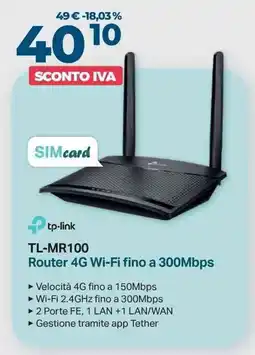Sinergy tp-link TL-MR100 Router 4G Wi-Fi fino a 300Mbps offerta