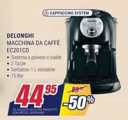 Trony DELONGHI MACCHINA DA CAFFÉ EC201CD offerta