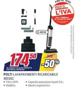 Trony POLTI LAVAPAVIMENTI RICARICABILE WD30C offerta