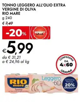 Bennet Tonno leggero all'olio extra vergine di oliva RIO MARE offerta