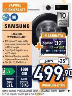 Unieuro SAMSUNG LAVATRICE WW10FG5U34AEET offerta