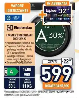 Unieuro Electrolux LAVATRICE STREAMCARE EW7F411CH3 offerta