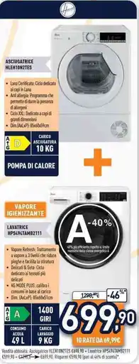 Unieuro Hoover ASCIUGATRICE HLEH10N2TES + LAVATRICE HPS494TAMB2111 offerta
