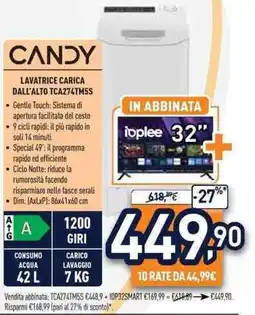 Unieuro CANDY LAVATRICE CARICA DALL'ALTO TCA274TM5S offerta