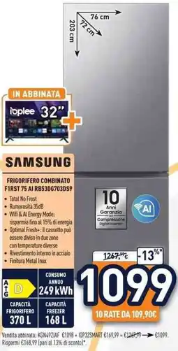 Unieuro SAMSUNG FRIGORIFERO COMBINATO FIRST 75 AI RB53DG703DS9 offerta