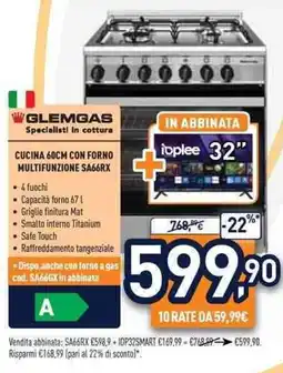 Unieuro GLEMGAS CUCINA 60CM CON FORNO MULTIFUNZIONE SA66RX offerta