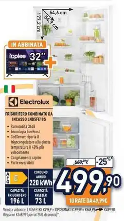 Unieuro Electrolux FRIGORIFERO COMBINATO DA INCASSO LND5FE18S offerta