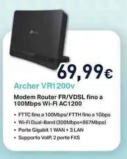 Unieuro tp-link Archer VR1200v Modem Router FR/VDSL fino a 100Mbps Wi-Fi AC1200 offerta