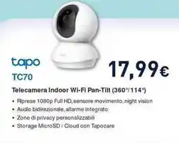 Unieuro tp-link tapo TC70 Telecamera Indoor Wi-Fi Pan-Tilt (360°/114°) offerta