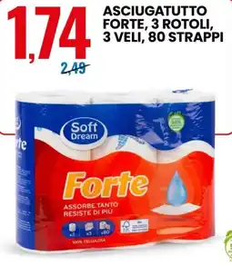Eurospin Soft dream asciugatutto forte, 3 rotoli, 3 veli, 80 strappi offerta