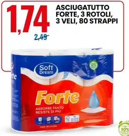 Eurospin Asciugatutto forte, 3 rotoli, 3 veli, 80 strappi offerta