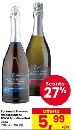 Interspar Spumante Prosecco Valdobbiadene DOCG Extra Dry o Brut Japo offerta