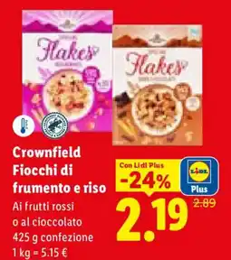 Lidl Crownfield Fiocchi di frumento e riso Ai frutti rossi o al cioccolato offerta