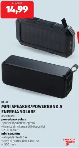 ALDI Balco mini speaker/powerbank a energia solare offerta