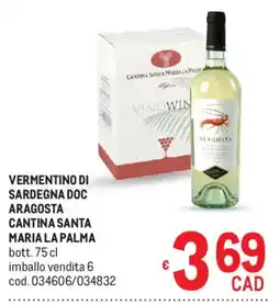 Metro Vermentino di sardegna doc aragosta cantina santa MARIA LA PALMA offerta