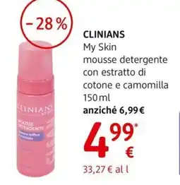 dm drogerie markt CLINIANS My Skin mousse detergente con estratto di cotone e camomilla offerta