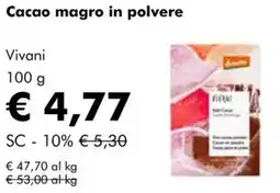 NaturaSì Cacao magro in polvere Vivani offerta