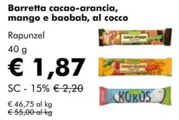 NaturaSì Barretta cacao-arancia, mango e baobab, al cocco Rapunzel offerta