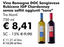 NaturaSì Vino Romagna DOC Sangiovese Rubicone IGP Chardonnay senza solfiti aggiunti "sono" Tre Monti offerta