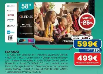 Euronics Tv qled 4k 58'' 58a72gq offerta