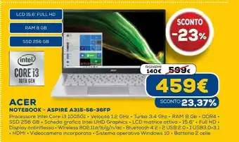Euronics Aspire 3 a315-56-36fp computer portatile 39,6 cm (15.6") full hd intel® core™ i3 di decima generazione 8 gb ddr4-sdram 256 gb offerta
