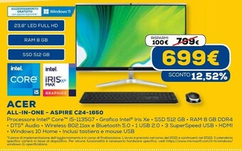Euronics Aspire c24-1650 60,5 cm (23.8") 1920 x 1080 pixel intel® core™ i5 di undicesima generazione 8 gb ddr4-sdram 512 gb ssd window offerta