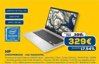 Euronics Chromebook 14a-na0037nl 35,6 cm (14") full hd intel® celeron® 8 gb lpddr4-sdram 128 gb emmc wi-fi 5 (802.11ac) chrome os arge offerta