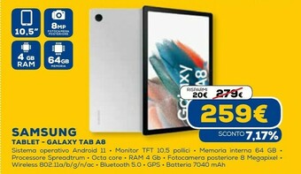 Euronics Galaxy tab a8 10.5" lte, android 11, ram 4 gb, 64 gb, gray offerta