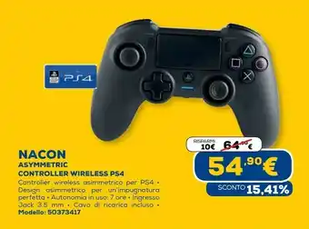 Euronics Nacon asymmetric wireless gamepad pc,playstation 4 analogico/digitale bluetooth/usb nero offerta