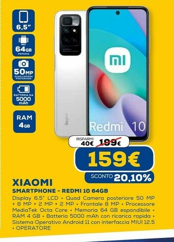Euronics Redmi 10 16,5 cm (6.5") doppia sim android 11 4g usb tipo-c 4 gb 64 gb 5000 mah blu offerta
