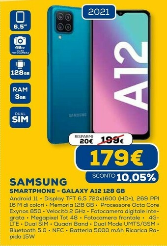 Euronics Galaxy a12 sm-a125f 16,5 cm (6.5") doppia sim 4g usb tipo-c 3 gb 128 gb 5000 mah blu offerta