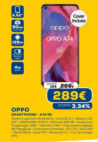 Euronics A74 5g 16,5 cm (6.5") coloros 11.1 usb tipo-c 6 gb 128 gb 5000 mah nero offerta