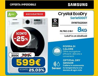 Euronics Dv80ta220ah asciugatrice libera installazione caricamento frontale 8 kg a+++ bianco offerta