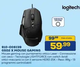Euronics logitech 910-006139 G502 X MOUSE GAMING offerta