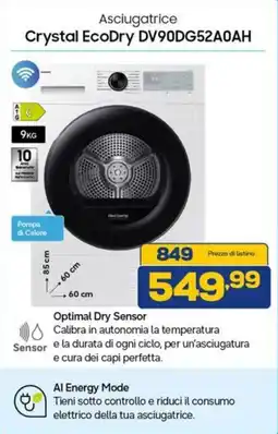 Euronics SAMSUNG Asciugatrice Crystal EcoDry DV90DG52A0AH offerta