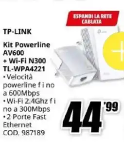 MediaWorld TP-LINK Kit Powerline AV600 + Wi-Fi N300 TL-WPA4221 offerta