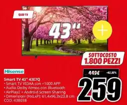 MediaWorld Hisense Smart TV 43" 43E7Q offerta