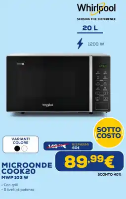 Euronics Whirlpool microonde COOK20 MWP 103 W offerta