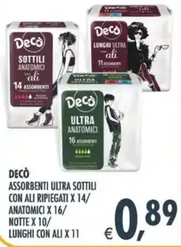 Deco Supermercati Decò assorbenti ultra sottili con ali ripiegati x 14/ anatomici x 16/ notte x 10/ lunghi con ali x 11 offerta