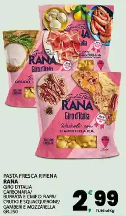 Interspar Pasta fresca ripiena rana giro d'italia carbonara burrata e cime di rapa/ crudo e squacquerone/ gamberi e mozzarella offerta