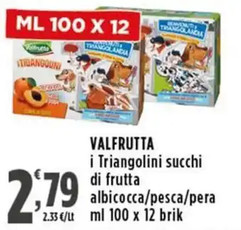 Rossotono Carrefour VALFRUTTA i Triangolini succhi di frutta albicocca/pesca/pera offerta