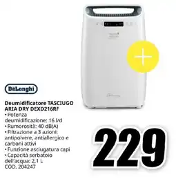 MediaWorld DeLonghi Deumidificatore TASCIUGO ARIA DRY DEXD216RF offerta
