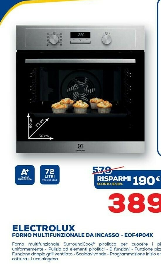 Eof4p74x forno forno elettrico 72 l 3490 w acciaio inossidabile a+ offerta  di Euronics